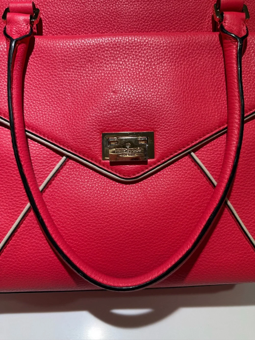 KATE SPADE Leather Envelope Zipper Top Shoulder Tote Bright Pink Beige